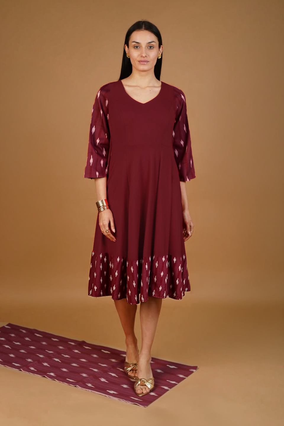 Maroon Ikat Cotton Midi Dress