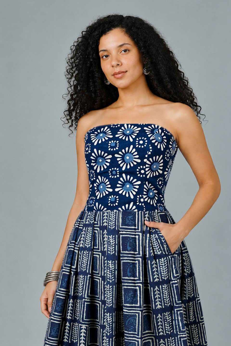 Buy Indophilia Women's Indigo Blue Cotton Midi Dress Online