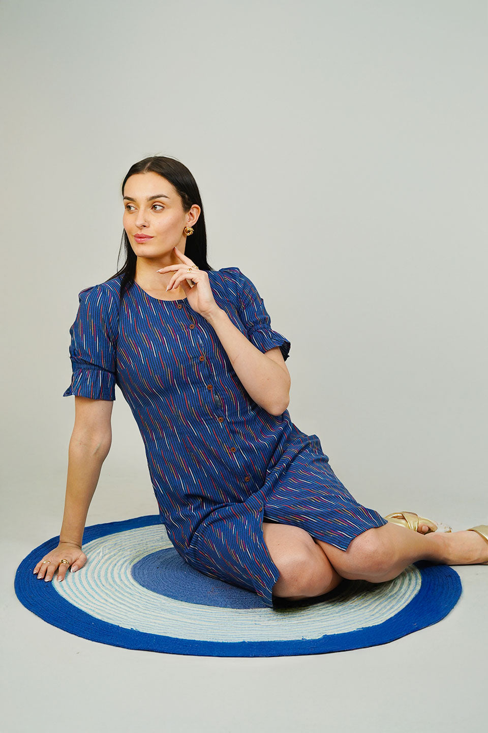 Blue Ikat Cotton Dress  Indophilia