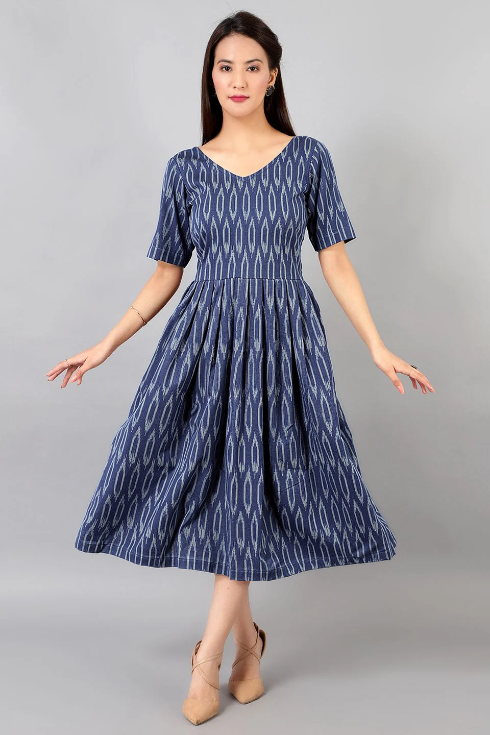 Buy Indophilia Women's Ikat Midi Blue Dress