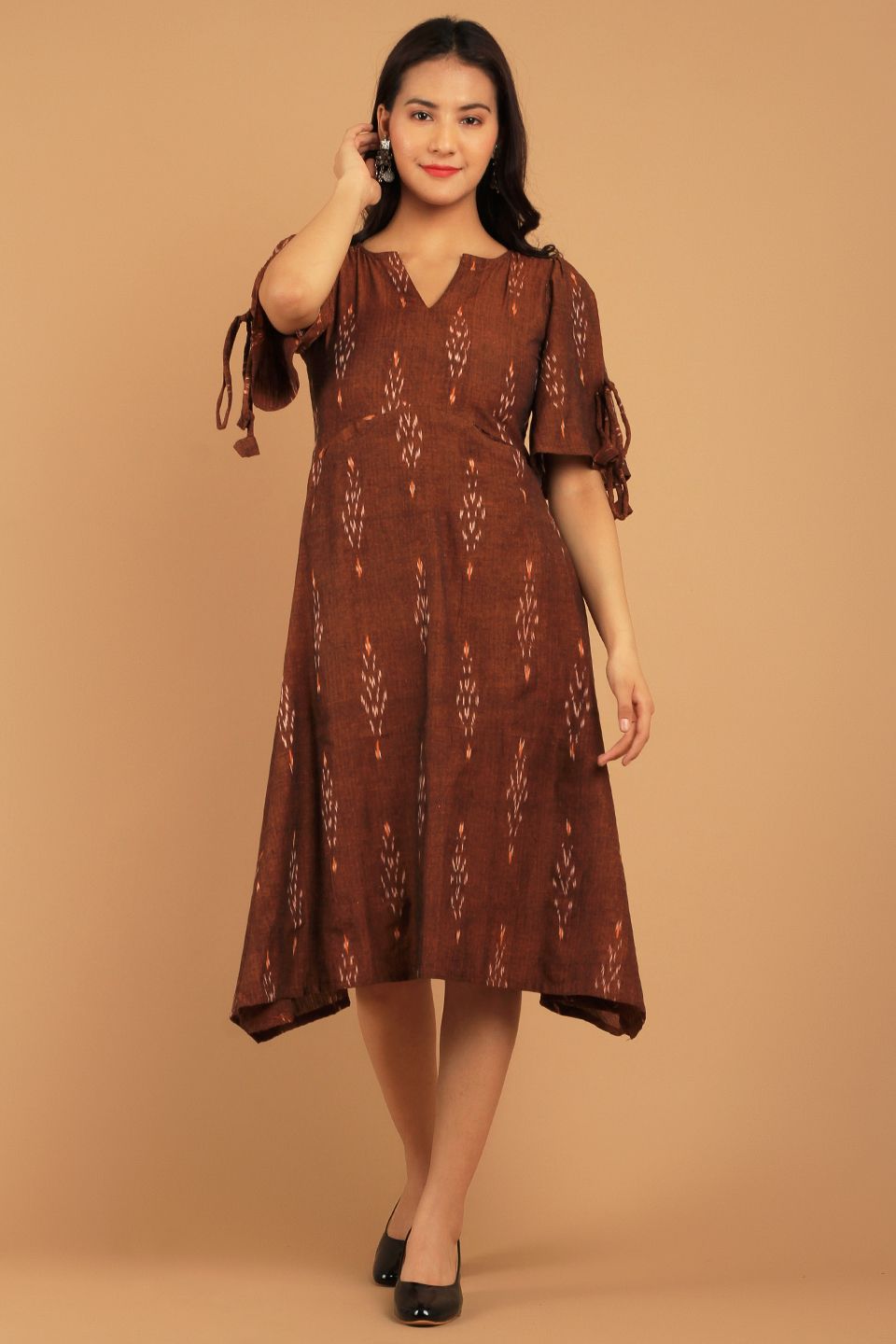 Buy Indophilia Women's Ikat Brown Cotton Midi Dress Online Buy Indophilia Women's Ikat Brown Cotton Midi Dress Online