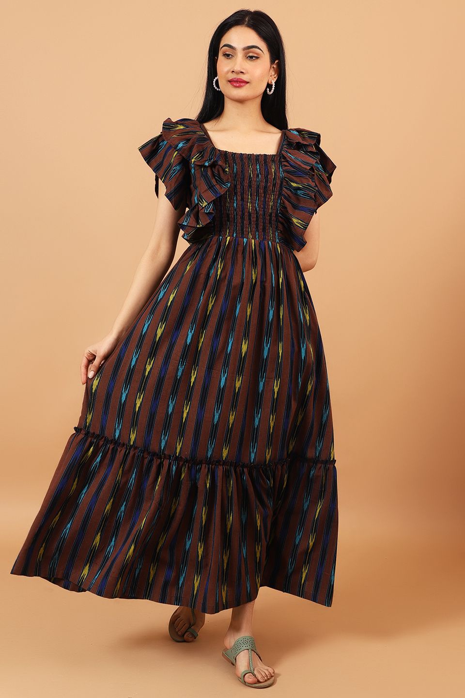 ikat cotton maxi dress Ikat Kaftan Maxi Dress: Blue Multi-color Boho Organic Cotton
