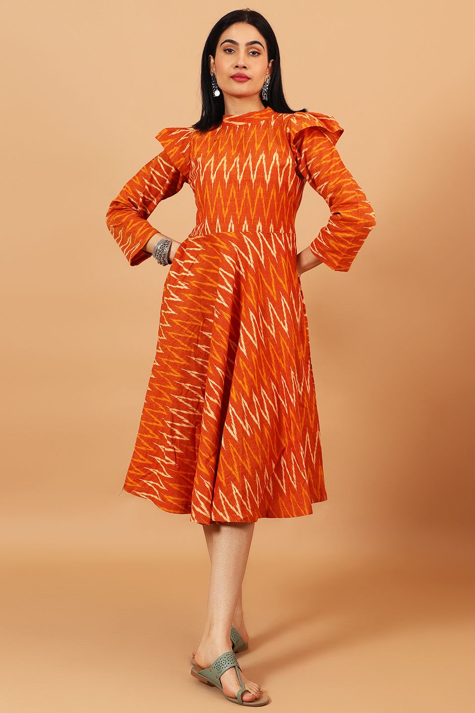 Ikat Orange Cotton Midi Dress