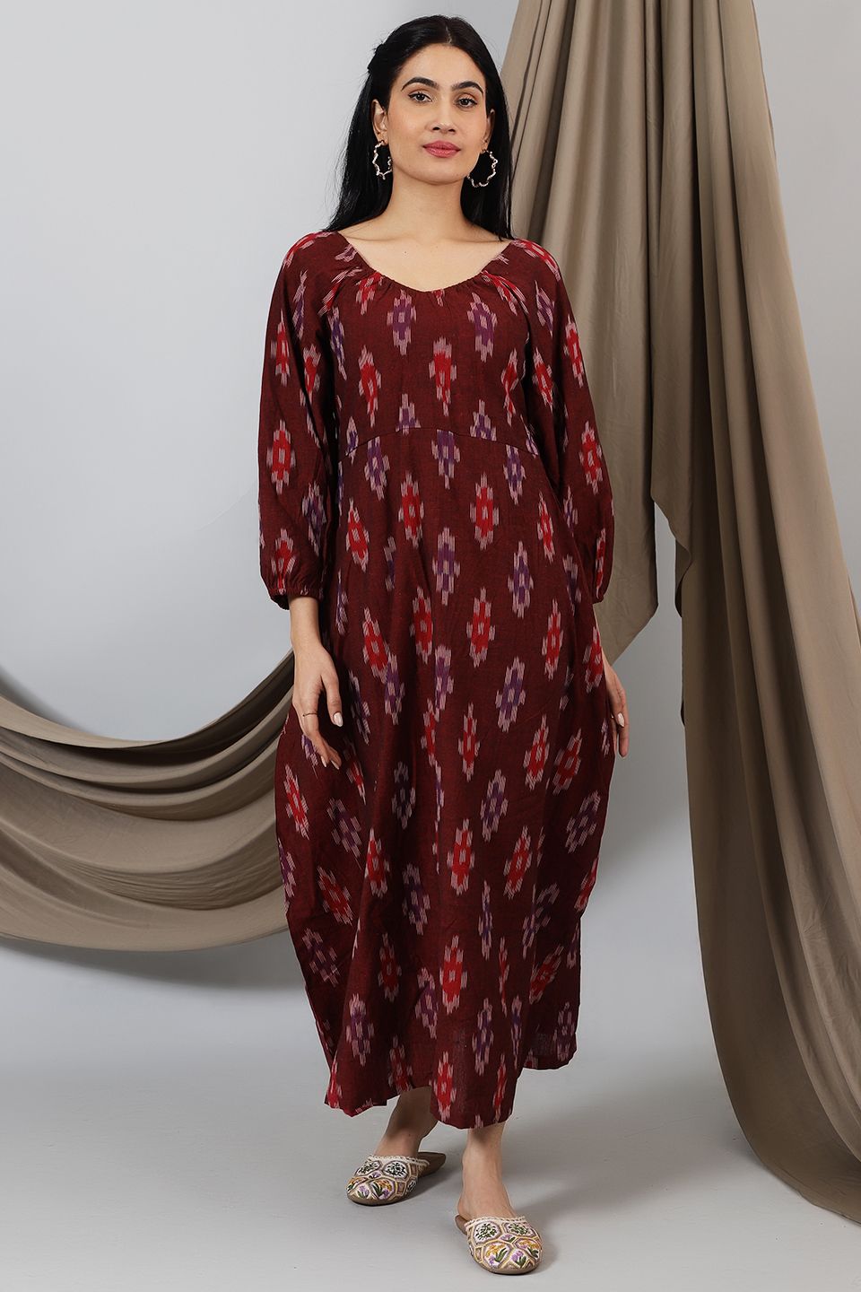 knee length dresses for ladies Ikat Brown Cotton Maxi Dress