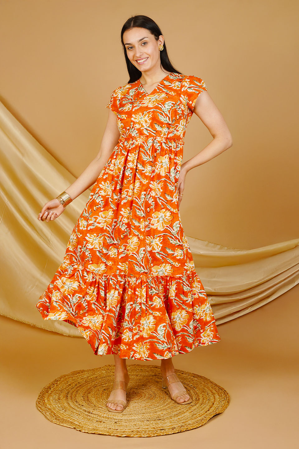 orange cotton midi dress Orange Jaipur Cotton Midi Dress – Indophilia