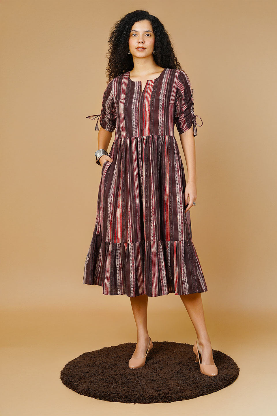 Bagru Brown Cotton Midi Dress