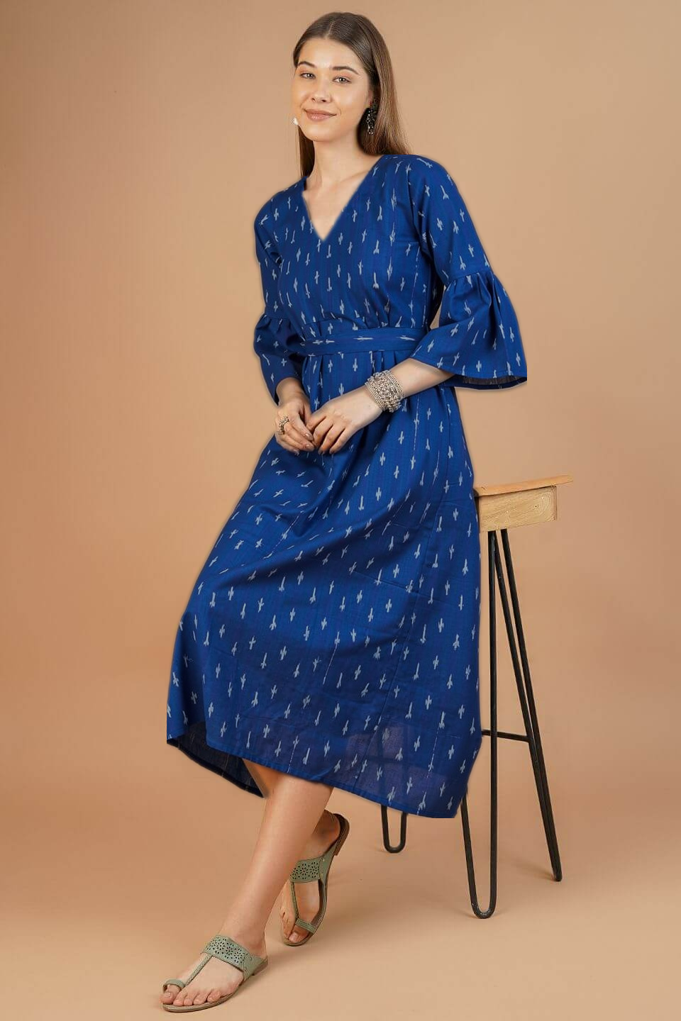 blue ikat dress Indophilia Womens Cotton Midi Ikkat dresses