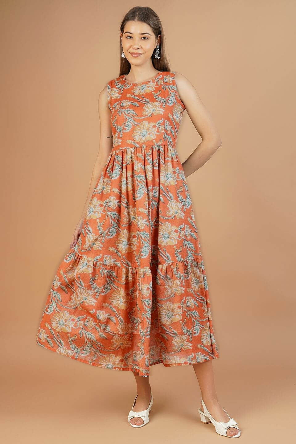 Indophilia Womens Jaipur Cotton Orange Midi Dress