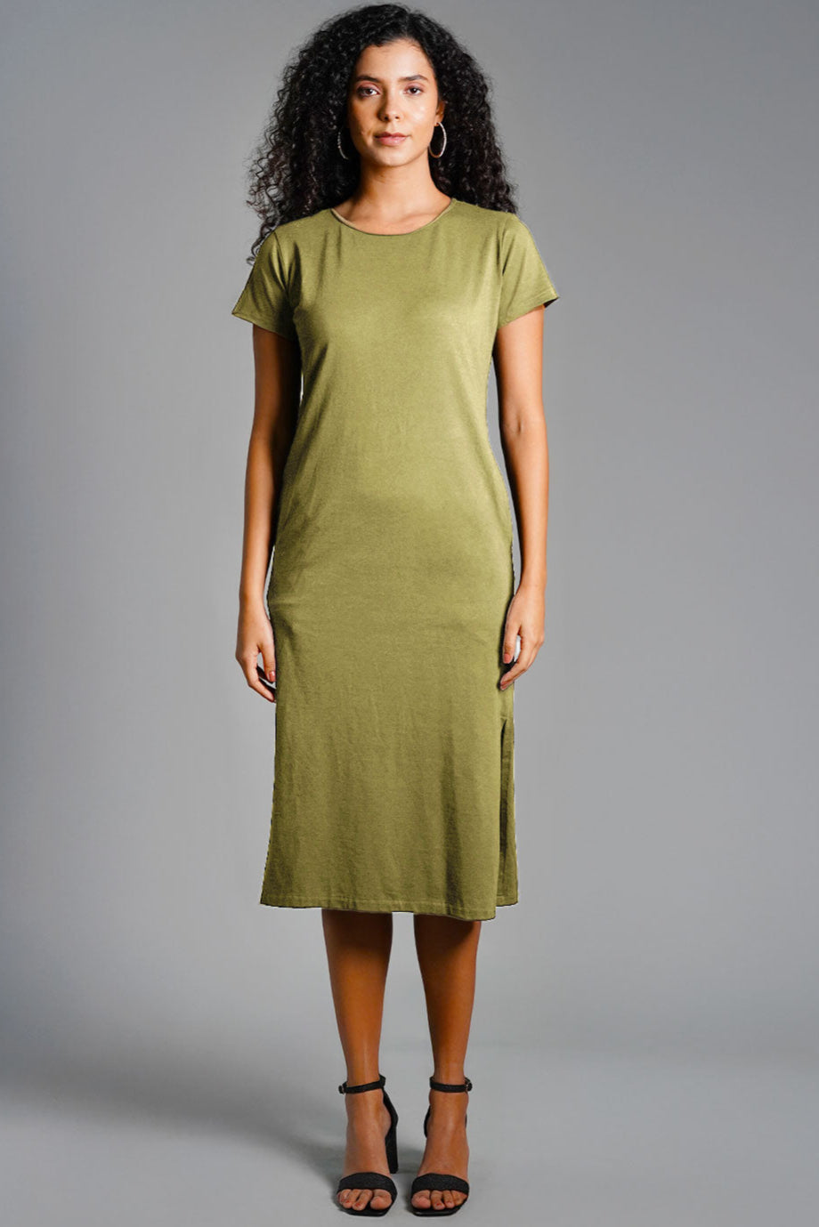 Buy Indophilia Women Olive Cotton Jersey Vented Shift Dress