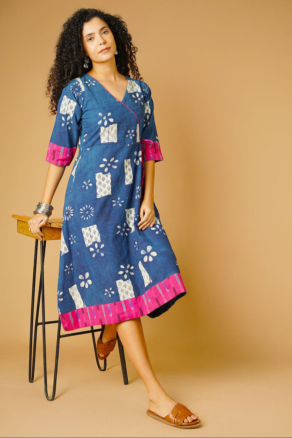 INDIGO BLUE GEOMETRIC FLARED DRESS