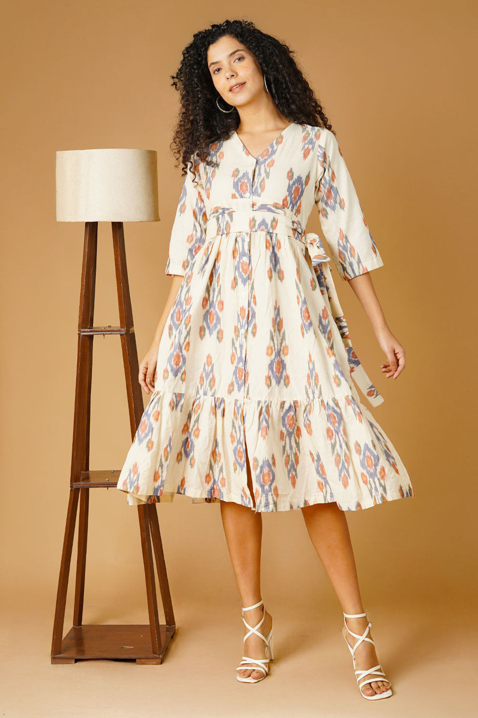 Indophilia Womens Ikat Cotton Cream Midi Dress