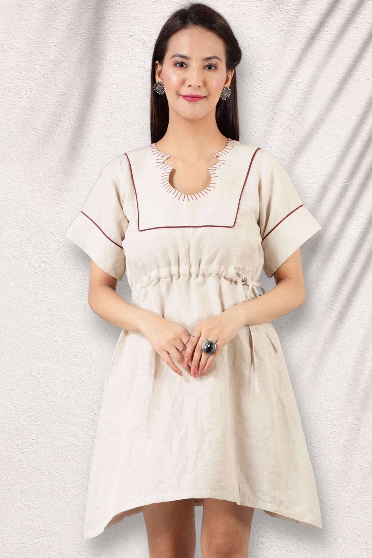 Cotton Linen Midi Beige Dress