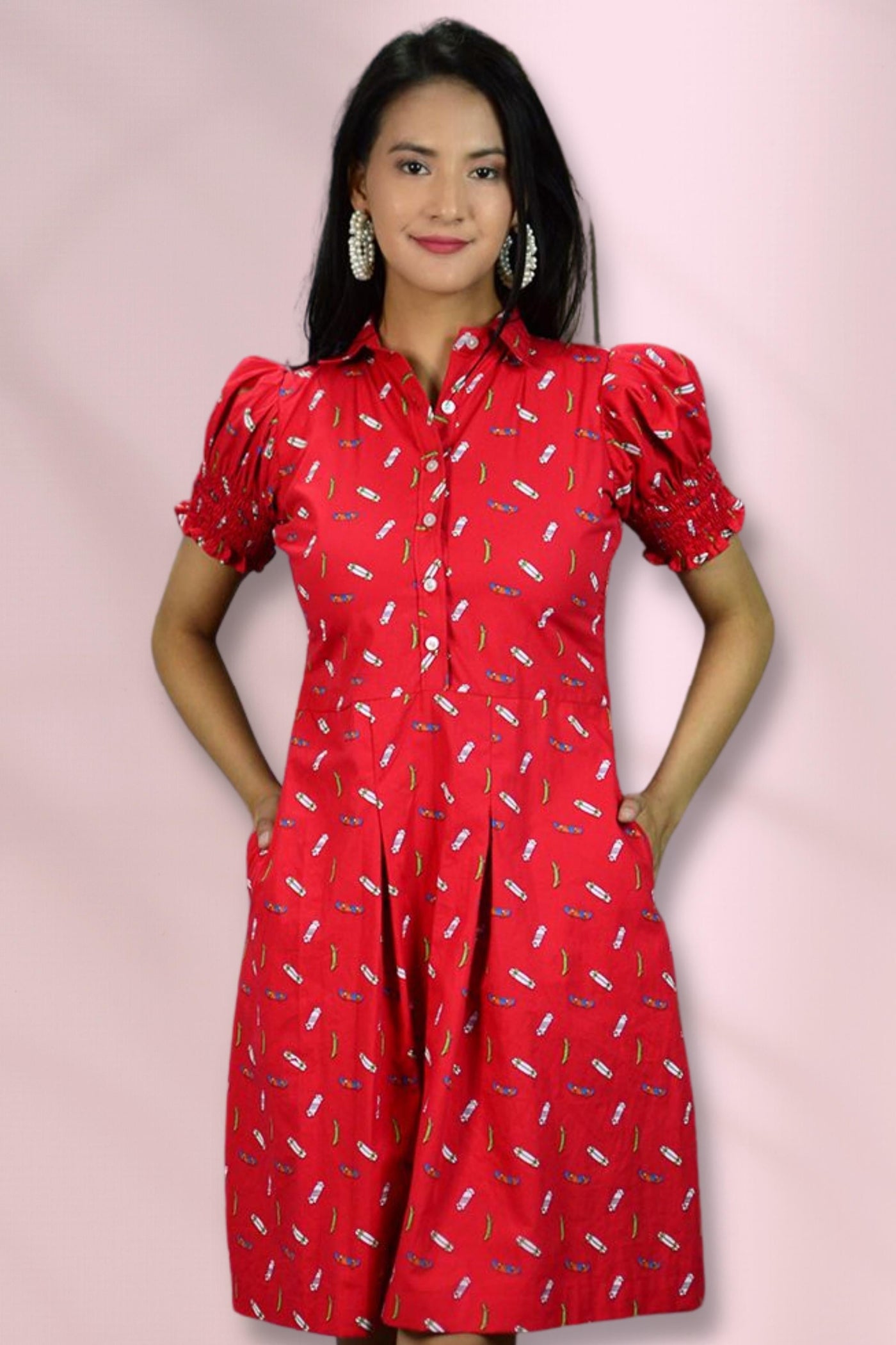 100% Baumwoll Midi Red Kleid