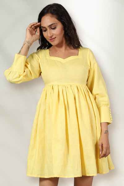 Cotton Linen Mini Yellow Dress