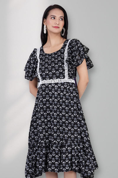 Bagru Midi schwarzes Kleid