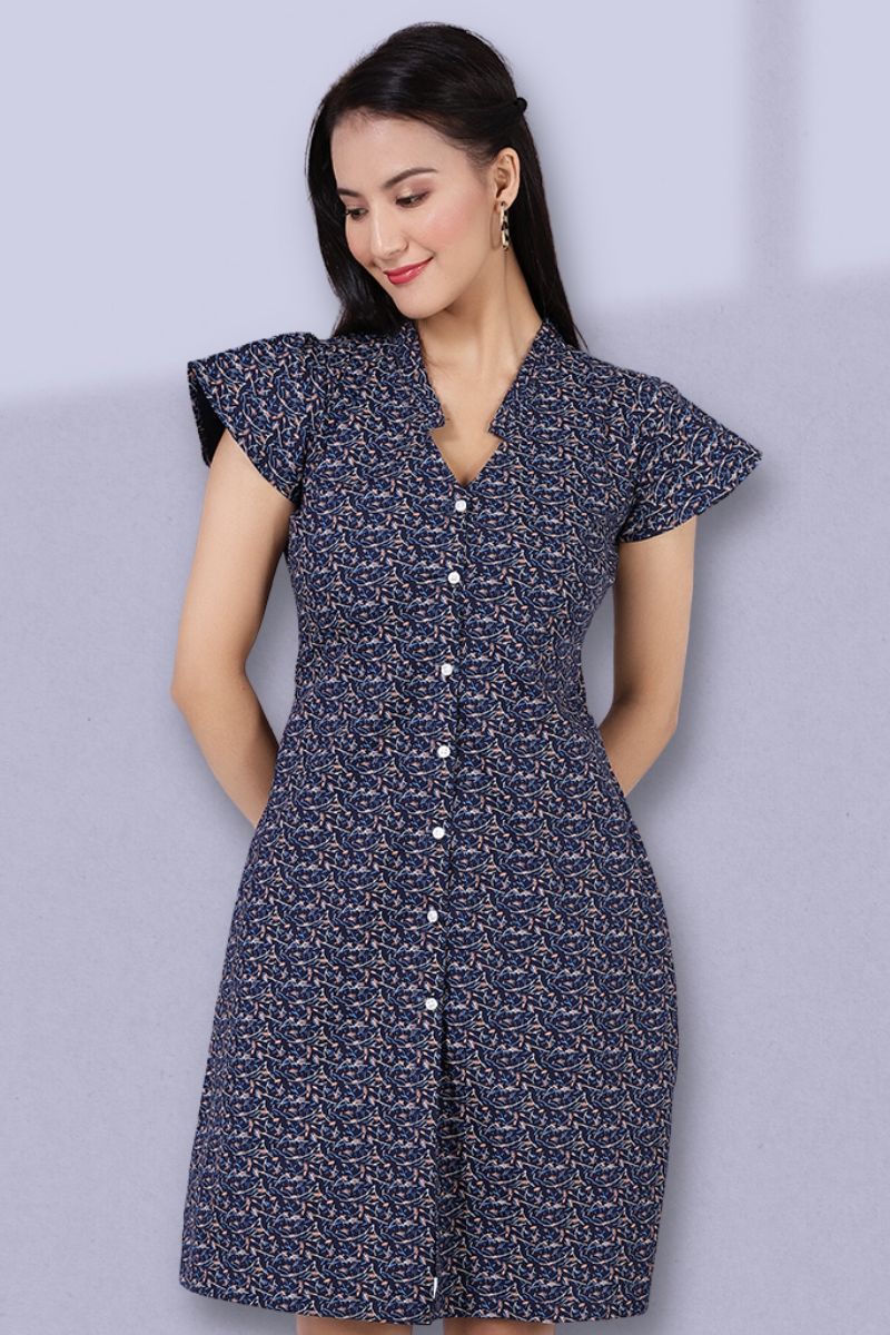 100% Baumwoll Midi Blue Kleid