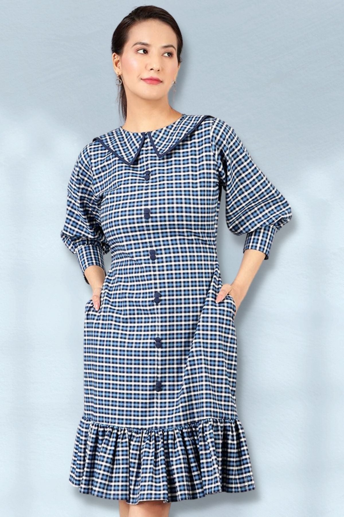 Robe mi-longue en coton bleu