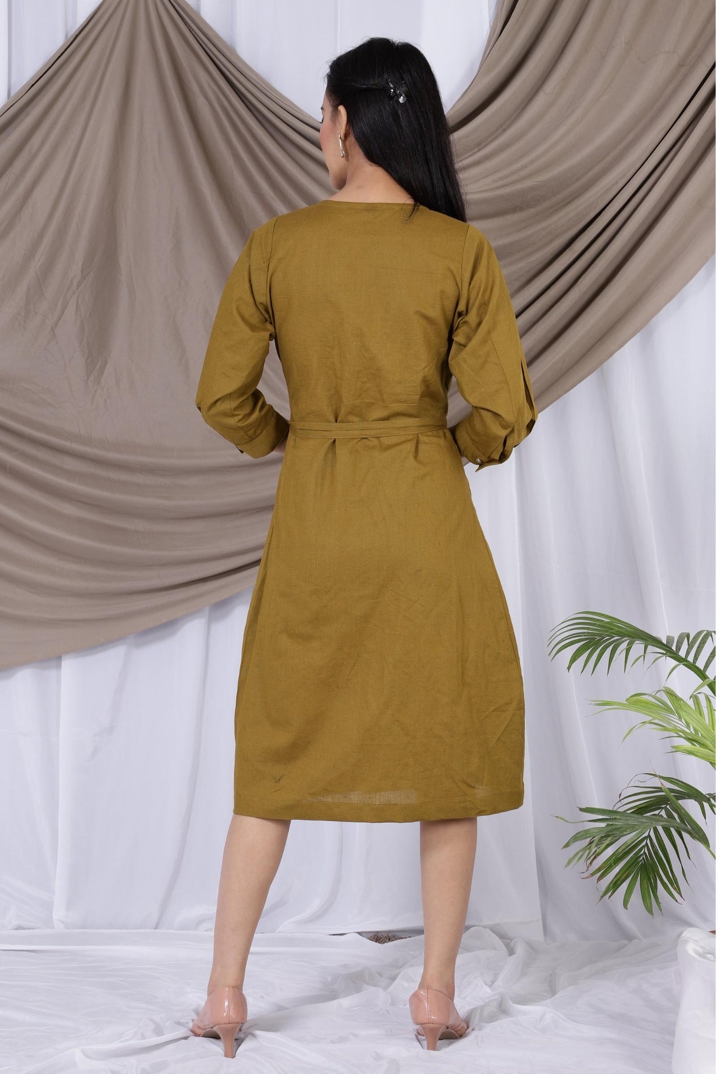 Cotton Linen Midi Green Dress