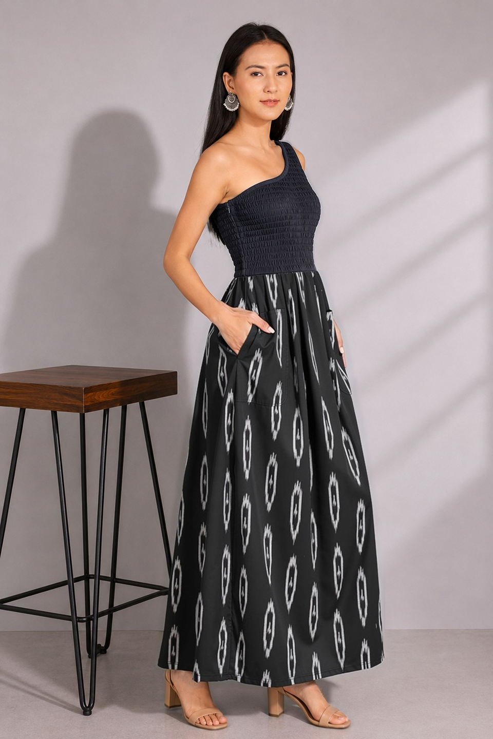 black cotton maxi dress Ikat Jersey Black Cotton Maxi Dress