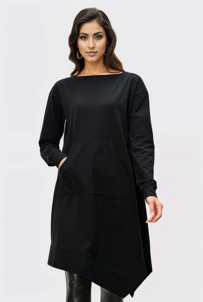 Kangaroo Pocket Cotton Jersey Asymmetric Shift Dress