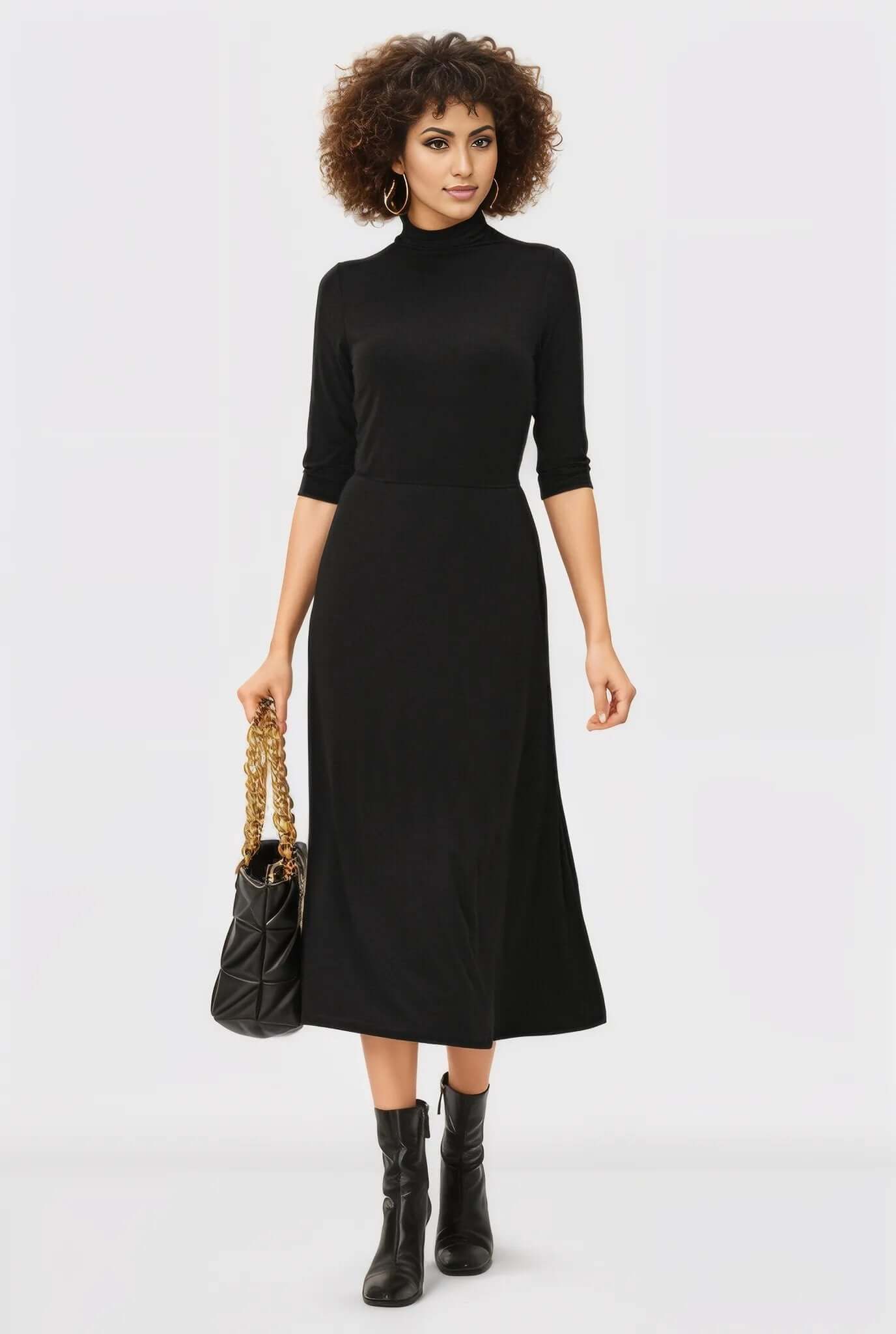 High Neck Jersey Knit A-Line Dress