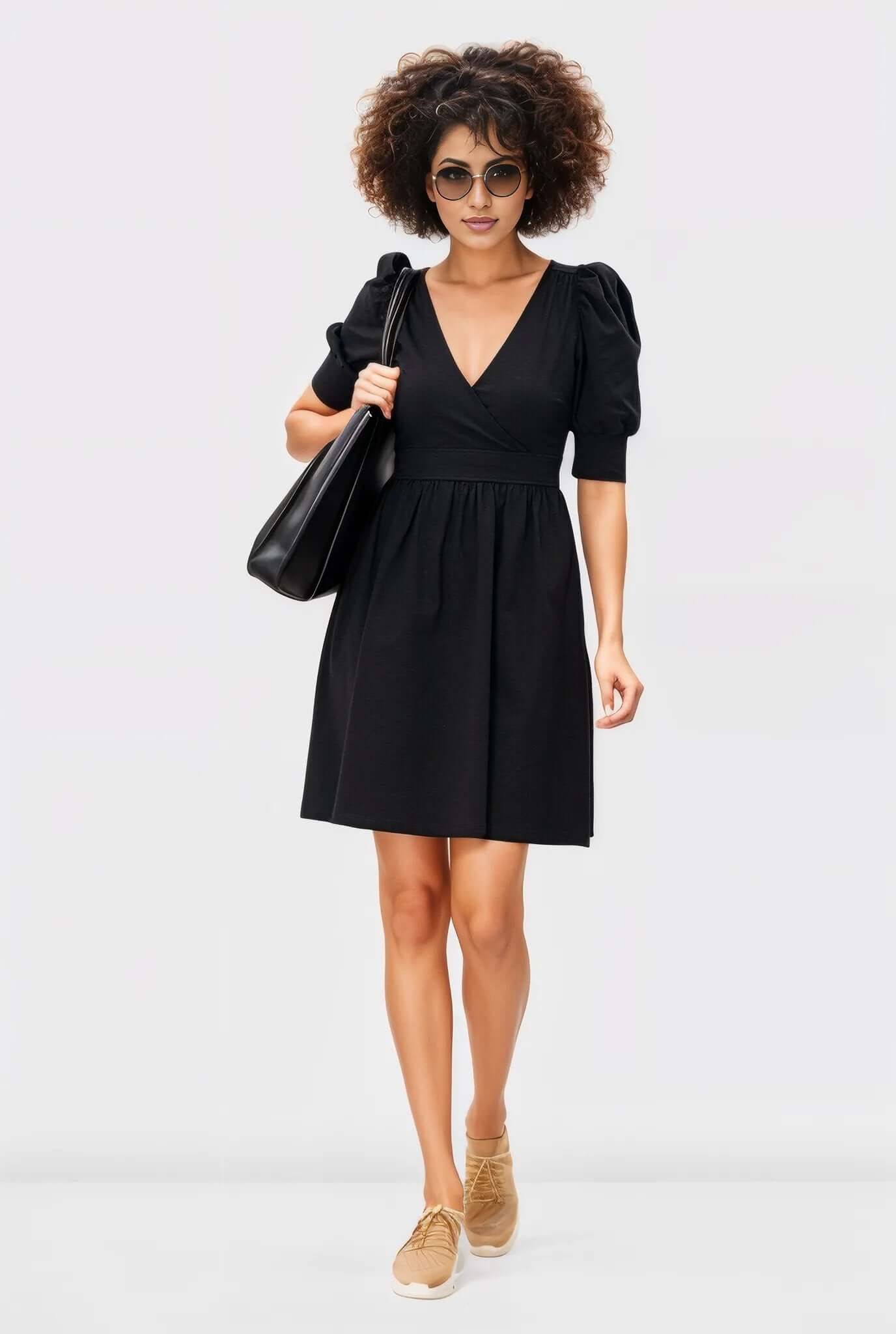 Puff Sleeve Cotton Jersey Surplice Dress