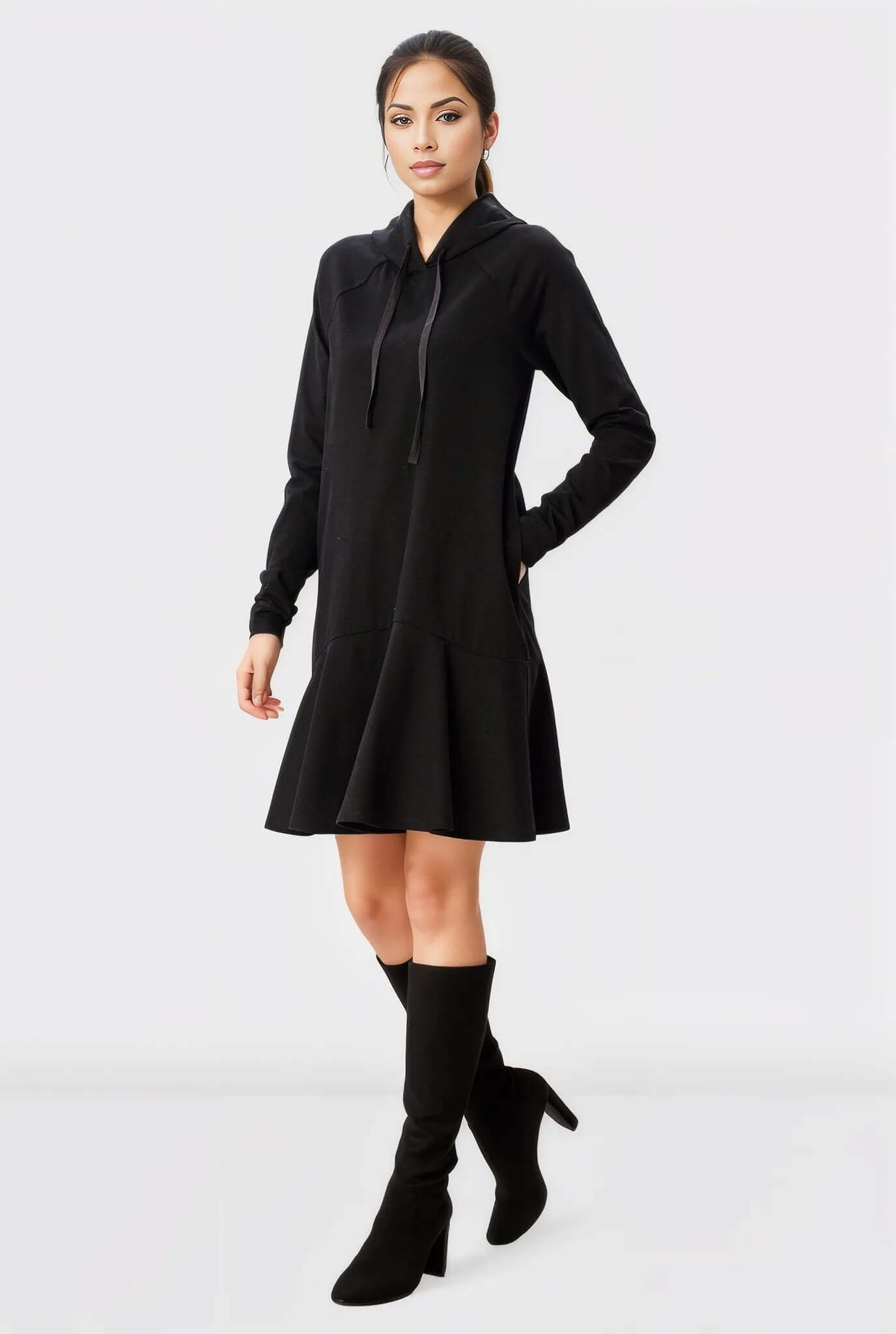 Flounce Hem Cotton Jersey Hoodie Dress