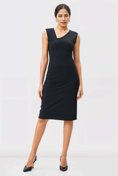 Asymmetric Neck Ponte Knit Sheath Dress