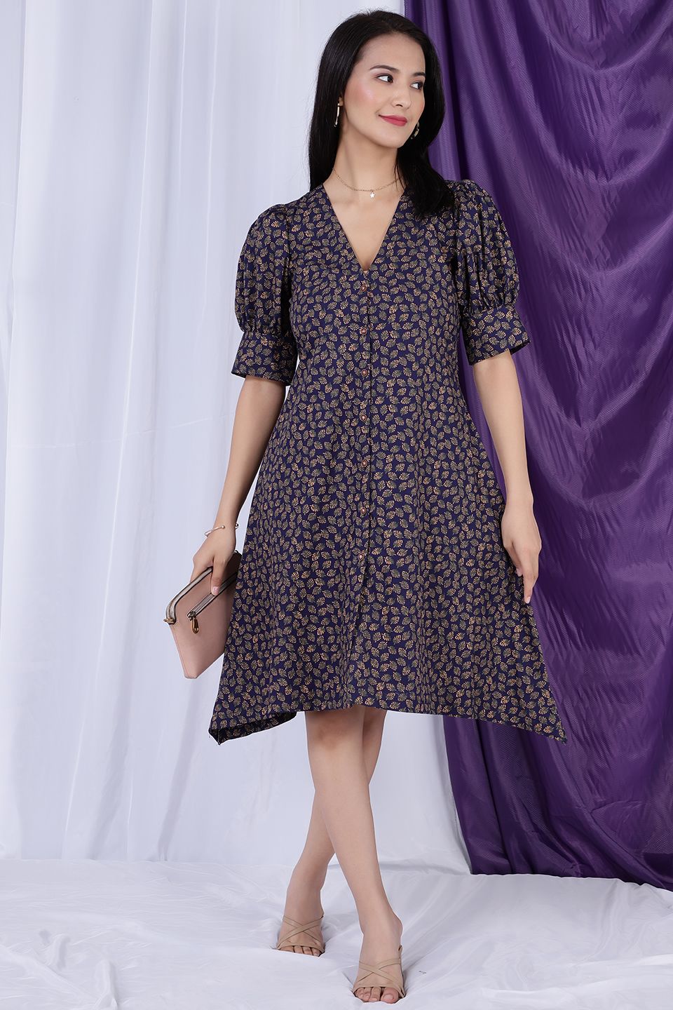 100% Premium Cotton  Purple Midi Dress 