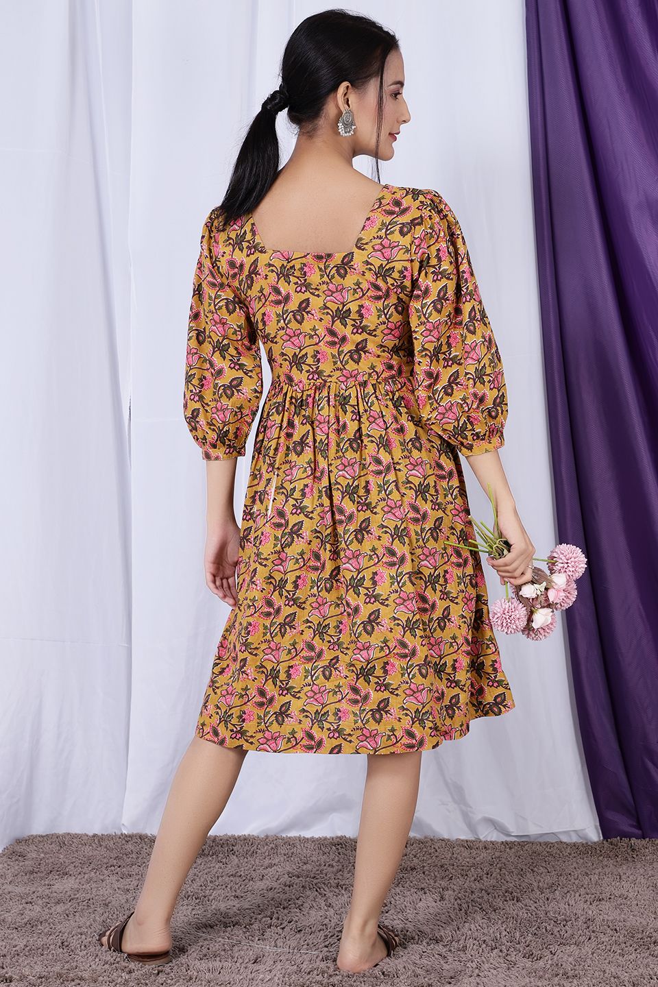 Bagru Jaipur Cotton  Multicolored Midi Dress 