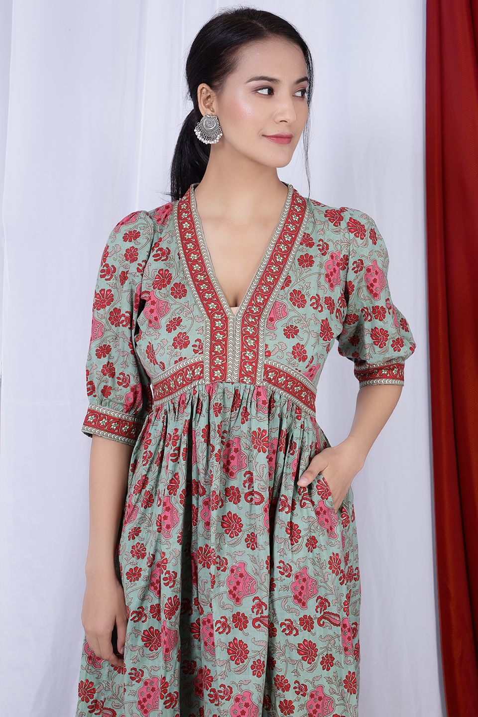 Bagru Jaipur Cotton  Multicolored Midi Dress 