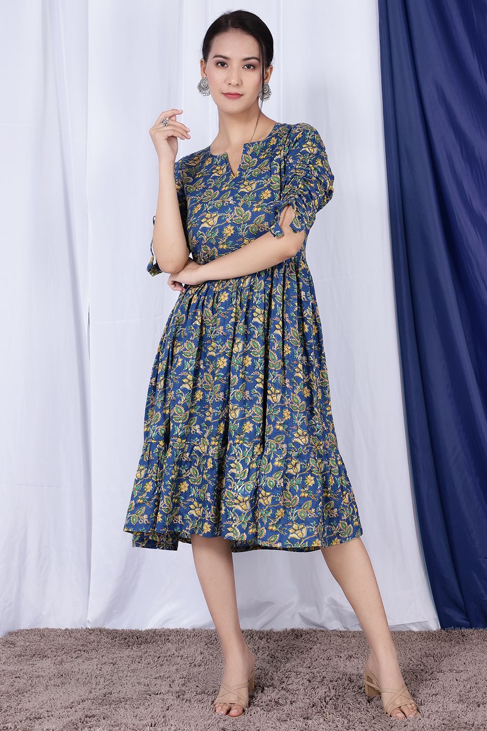 Bagru Jaipur Cotton  Multicolored Midi Dress 