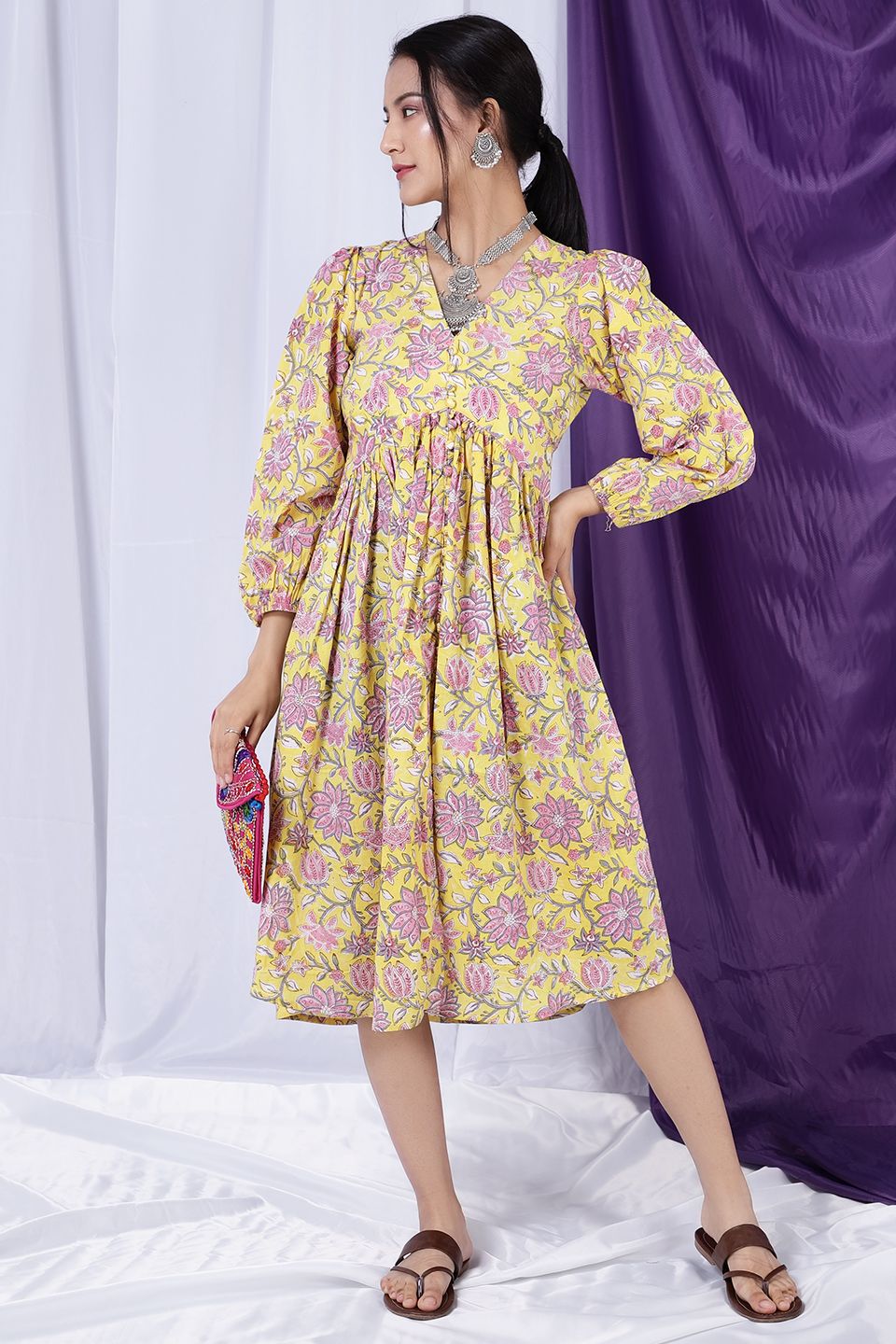 Bagru Jaipur Cotton  Yellow Midi Dress 