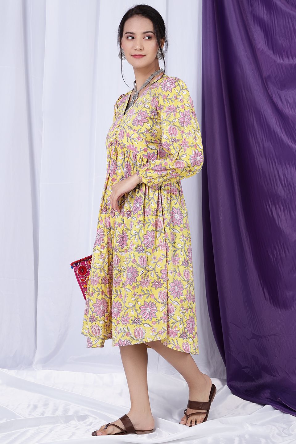 Bagru Jaipur Cotton  Yellow Midi Dress 