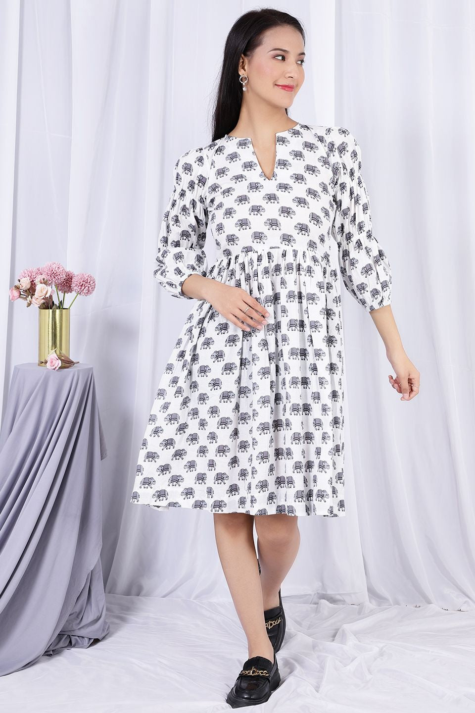 Bagru Jaipur Cotton  White Midi Dress 