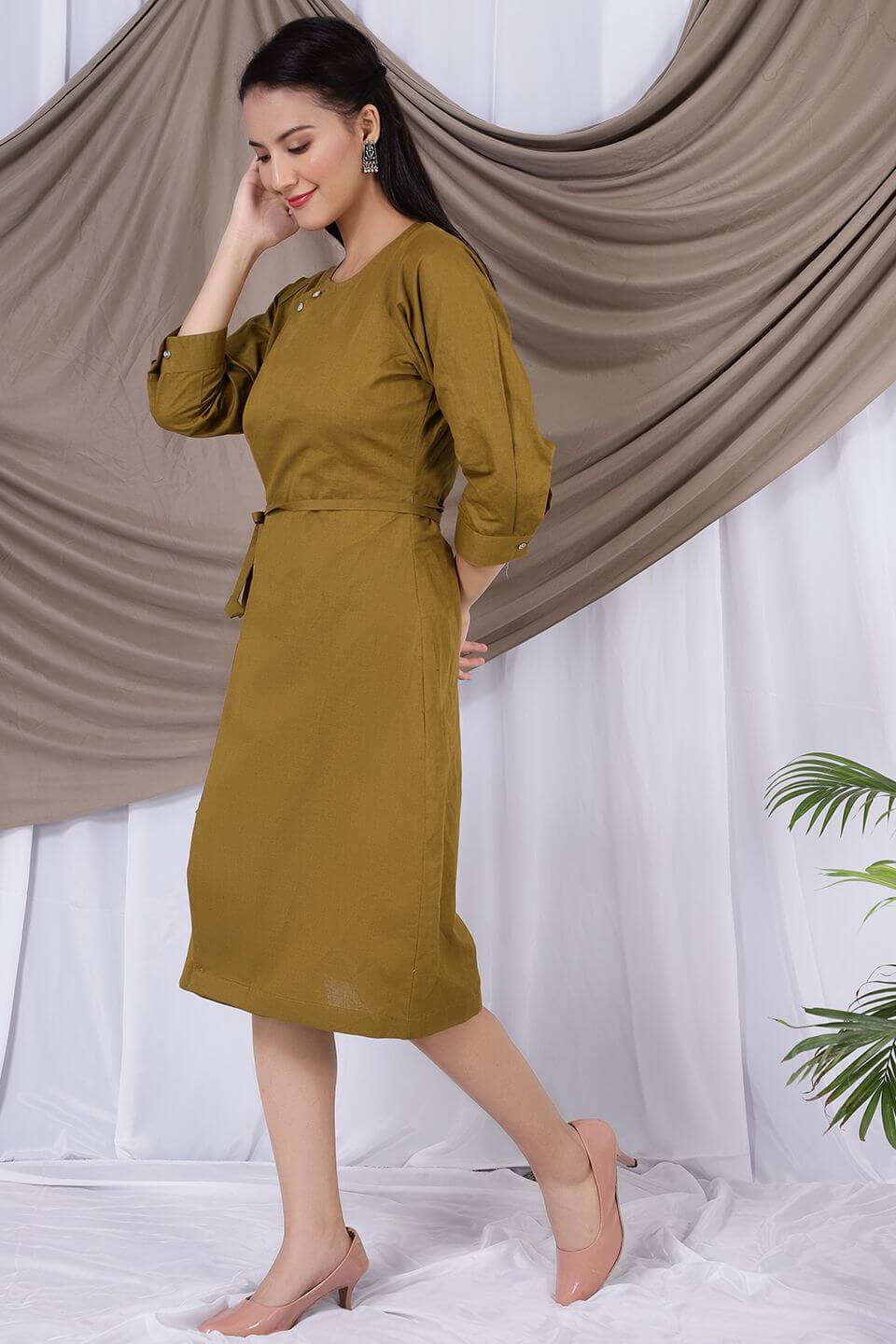 Pure Linen  Green Midi Dress 