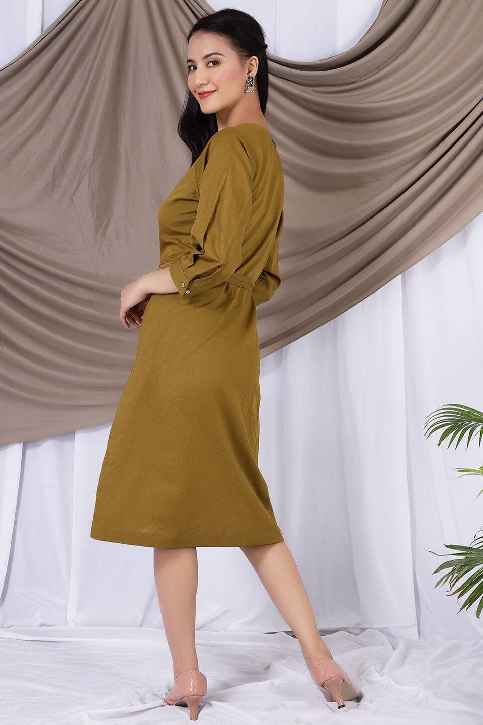 Pure Linen  Green Midi Dress 