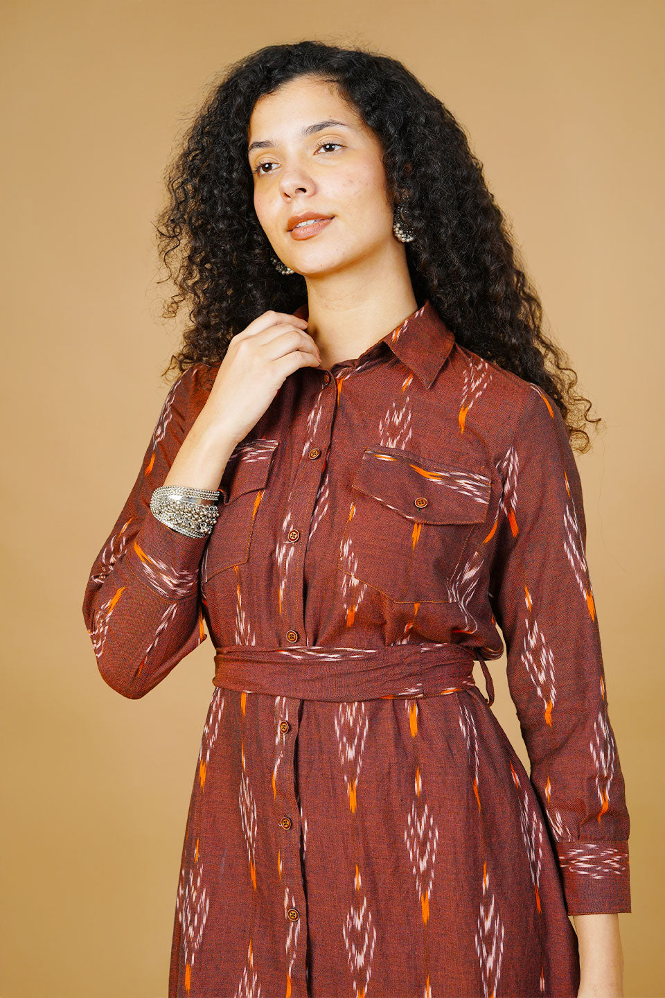 Brown Ikat Midi Dress