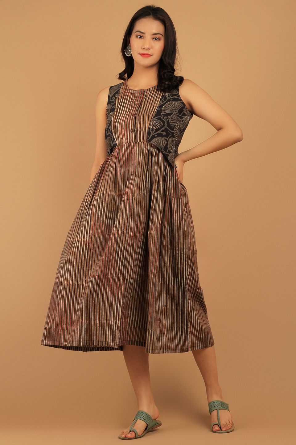 Bagru Brown Cotton Midi Dress