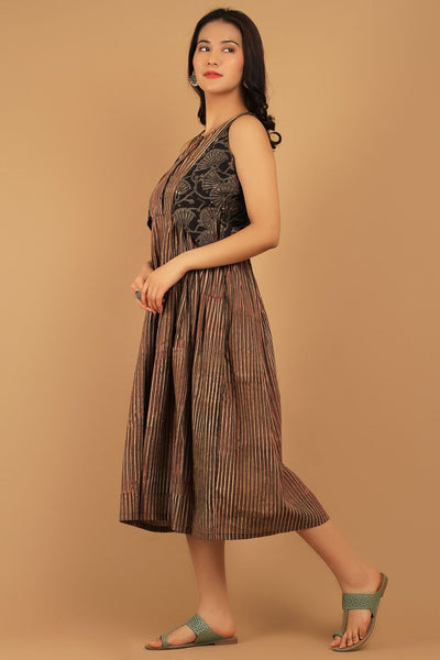 Bagru Brown Cotton Midi Dress