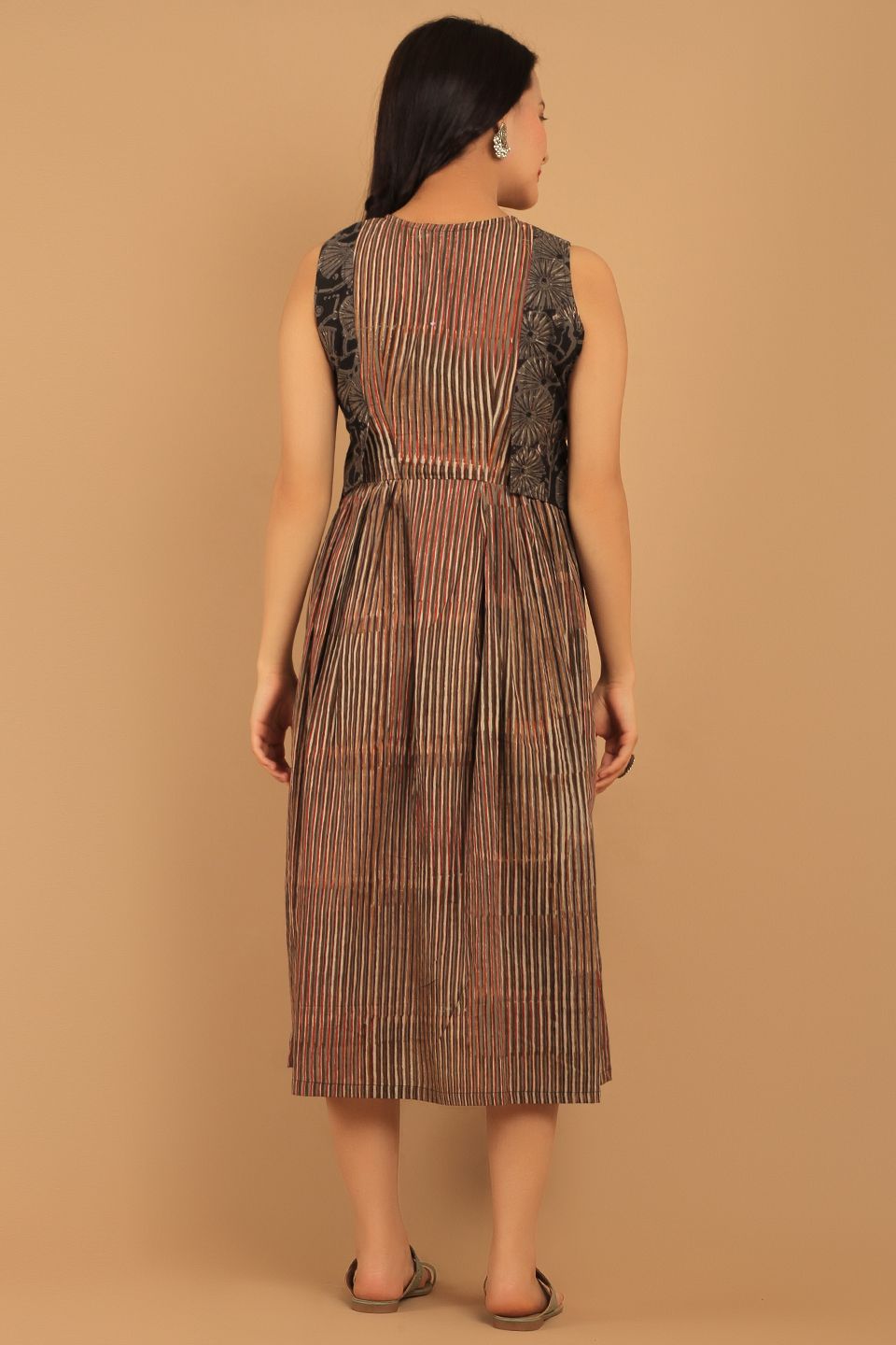 Bagru Brown Cotton Midi Dress