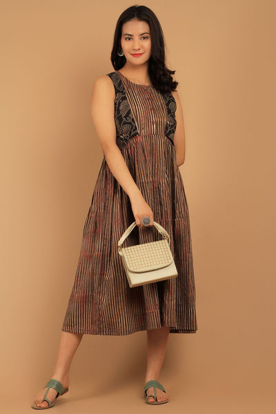 Bagru Brown Cotton Midi Dress