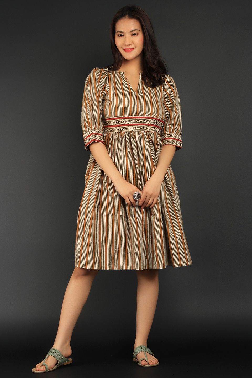 Bagru Beige Cotton Midi Dress