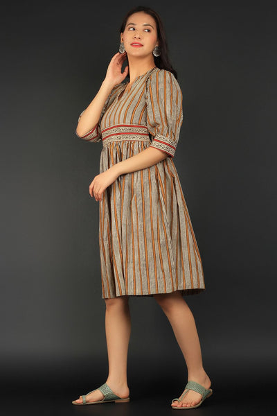 Bagru Beige Cotton Midi Dress