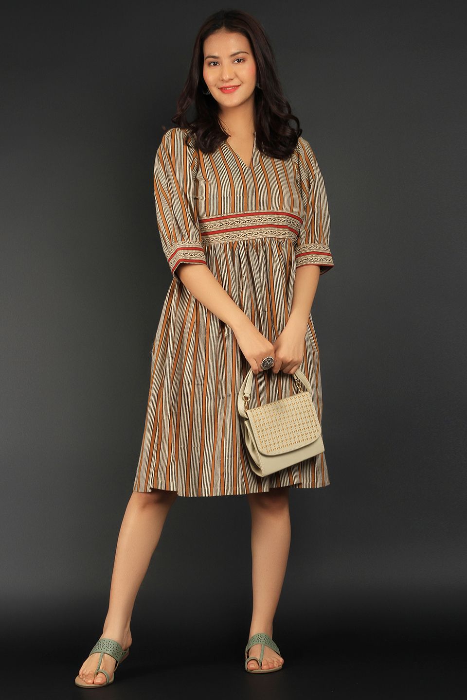 Bagru Beige Cotton Midi Dress