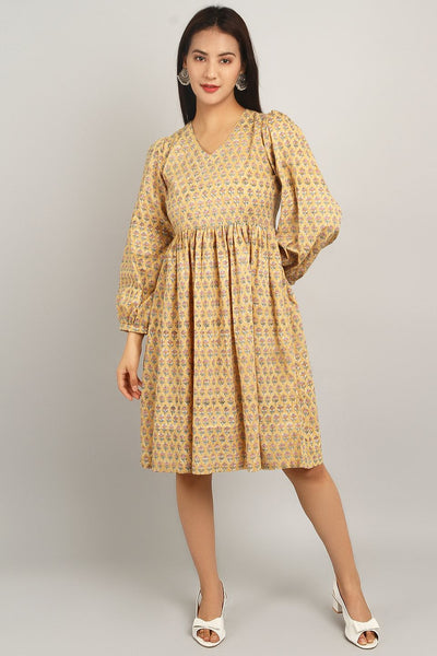 Bagru Yellow Cotton Midi Dress