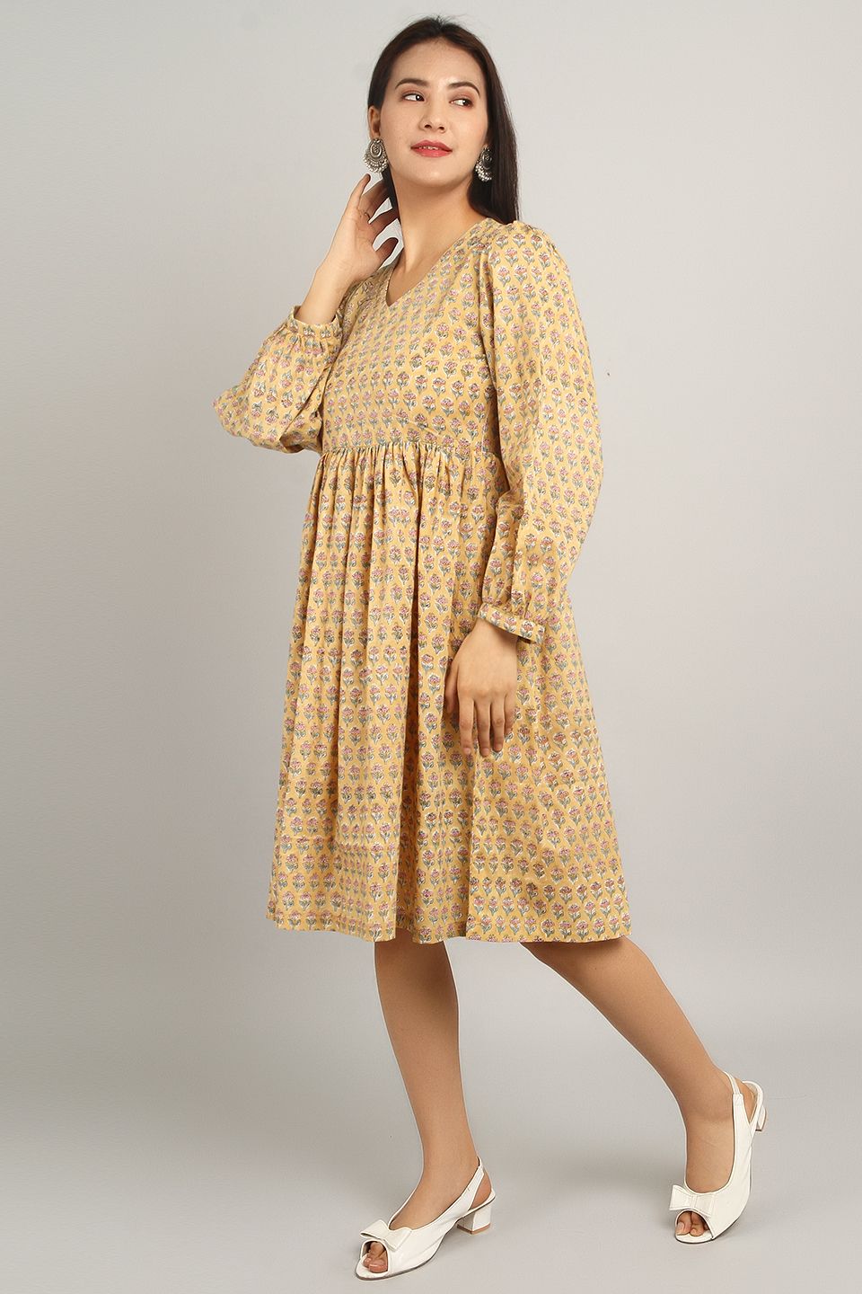 Bagru Yellow Cotton Midi Dress