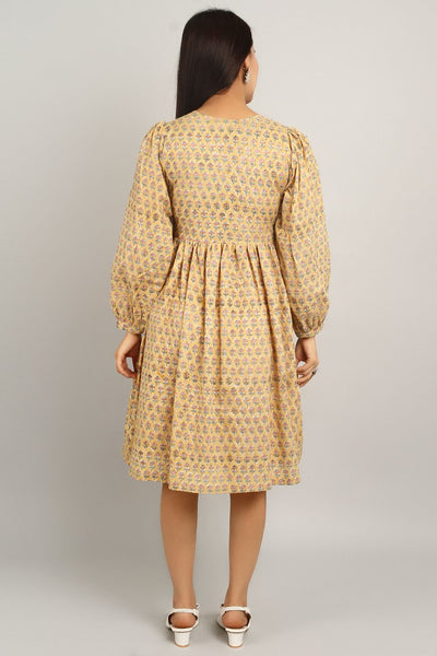 Bagru Yellow Cotton Midi Dress