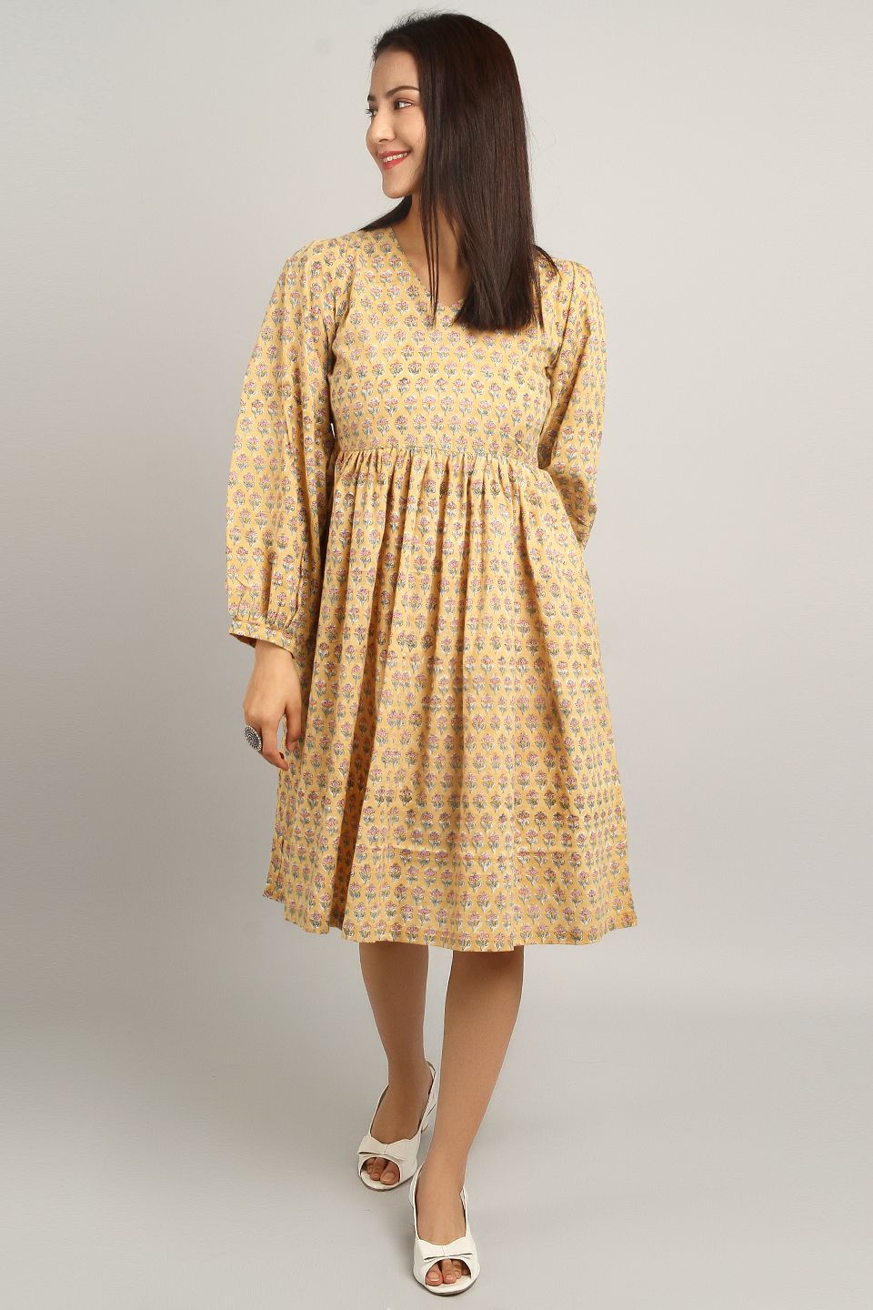yellow cotton midi dress Bagru Yellow Cotton Midi Dress