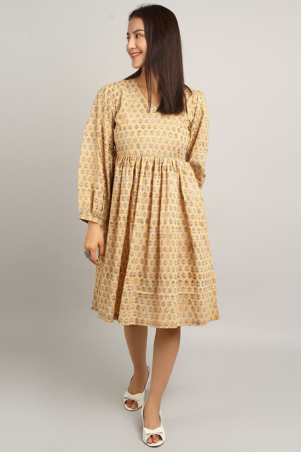 Bagru Yellow Cotton Midi Dress